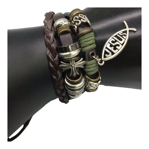 Jesus ICHTHUS Fish Charm Leather Adjustable Bracelet Set Boho Stack 6.5–7.5 in - Picture 10 of 15